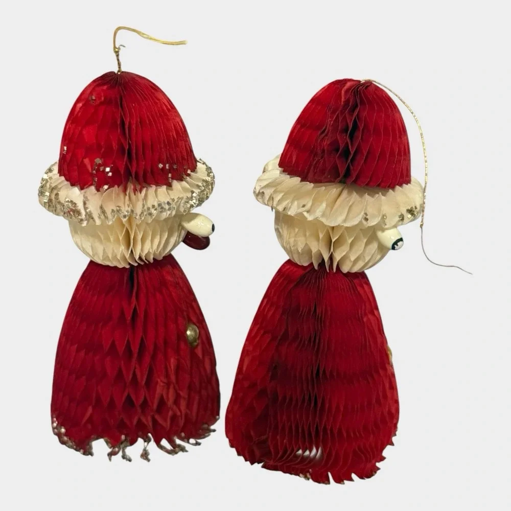 Honeycomb Paper Santa Ornaments Set of 6 Original Box c1950s Christmas Vintage